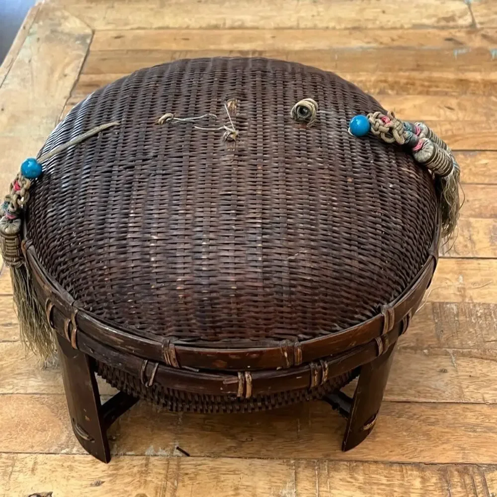 Antique Chinese Wicker Lidded Sewing Basket 7.5